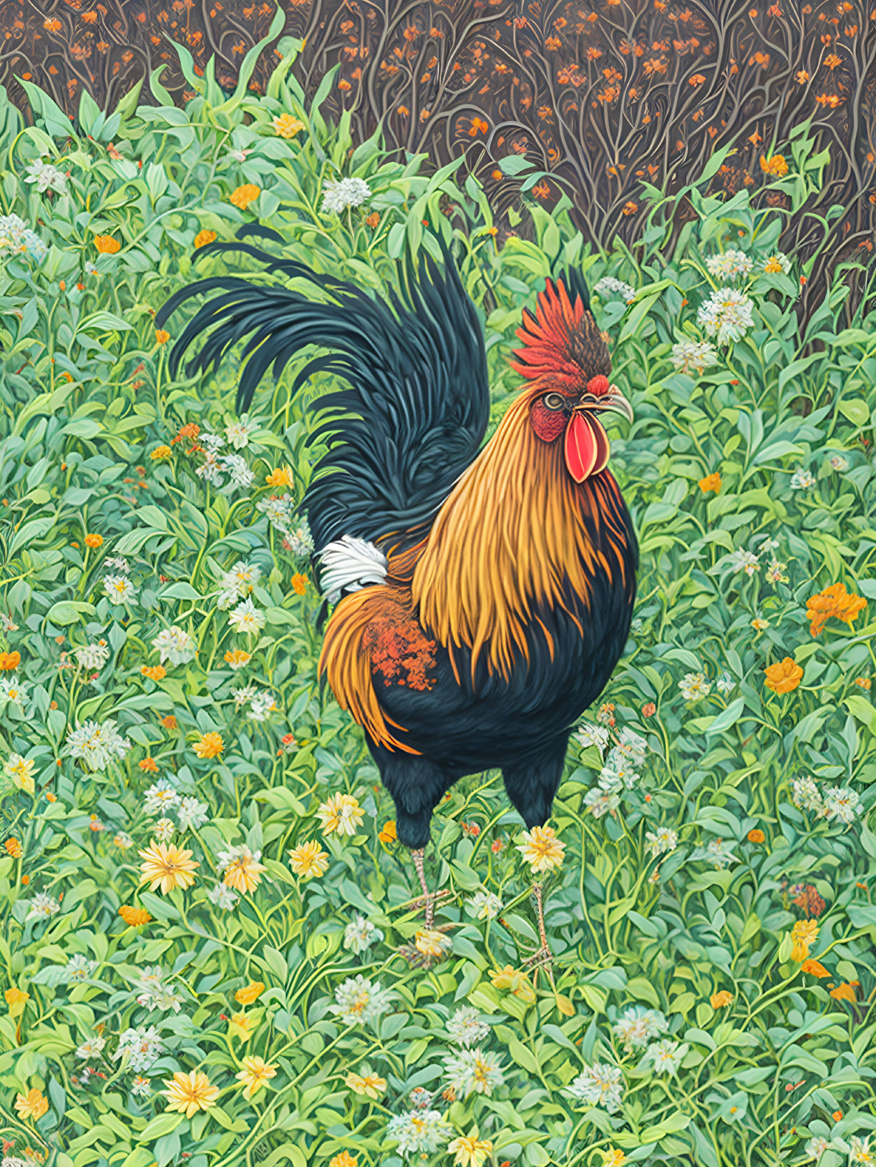 Colorful Rooster Surrounded by Greenery and Yellow Flowers