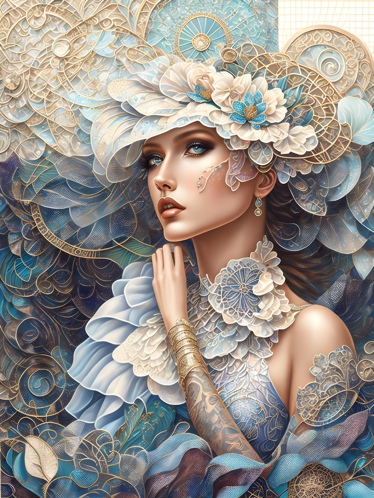 Intricate floral hat and lace details on woman portrait with ornate tattoos