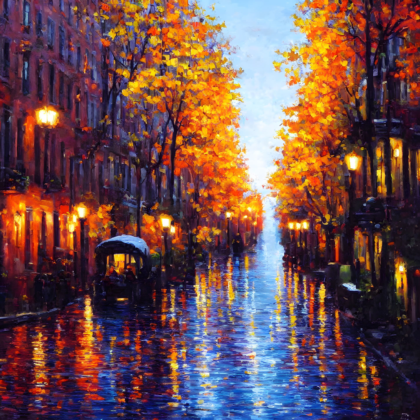 Autumn-themed painting of rain-soaked street with illuminated buildings.