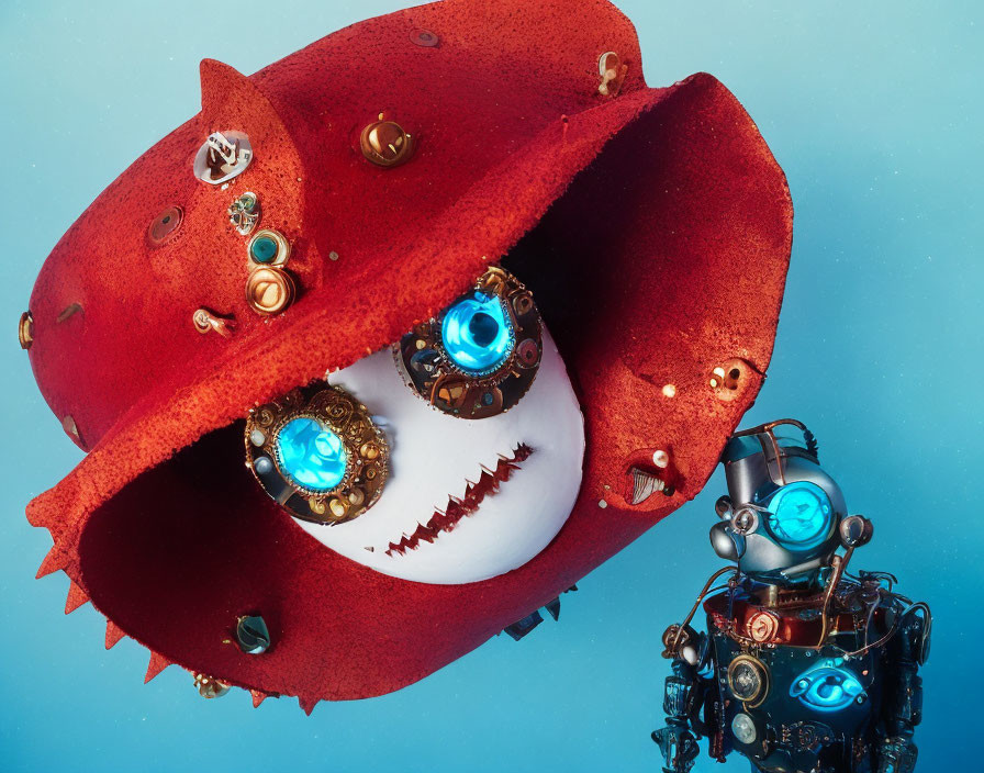 Steampunk robot with red hat and gears beside larger robotic face with blue eyes
