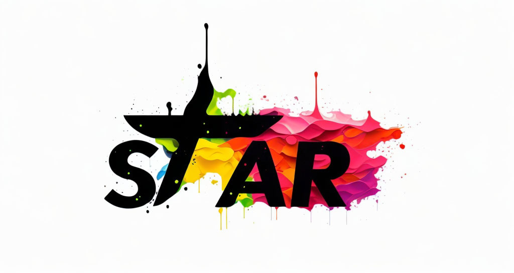 Colorful Star Graphic with Black Text and Shape on White Background