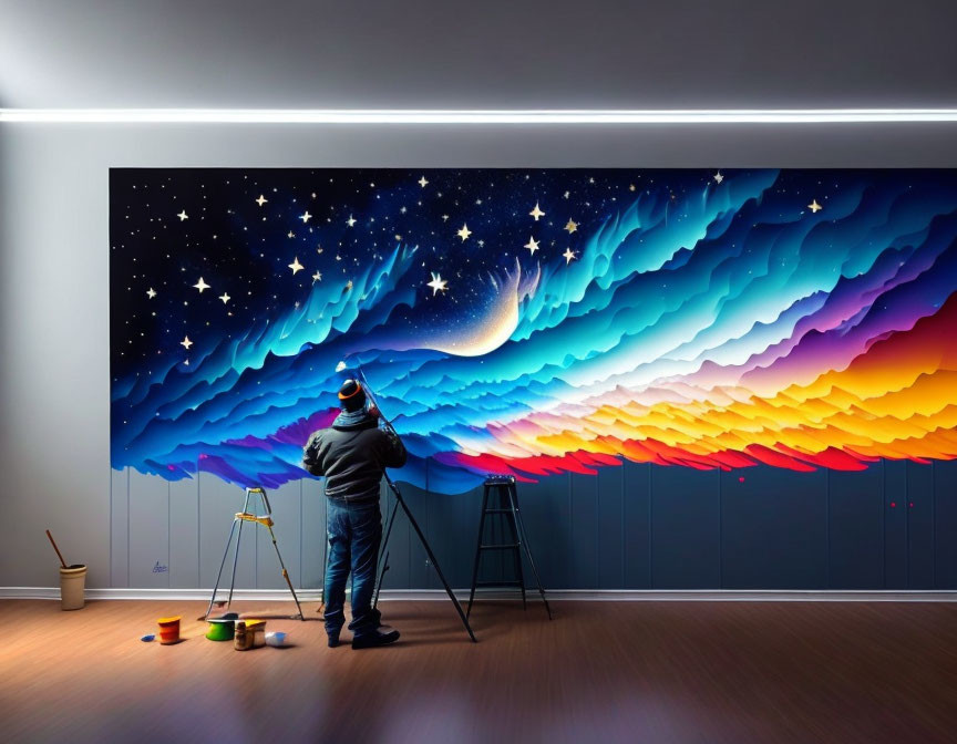 Vibrant cosmic mural painting with multicolor palette