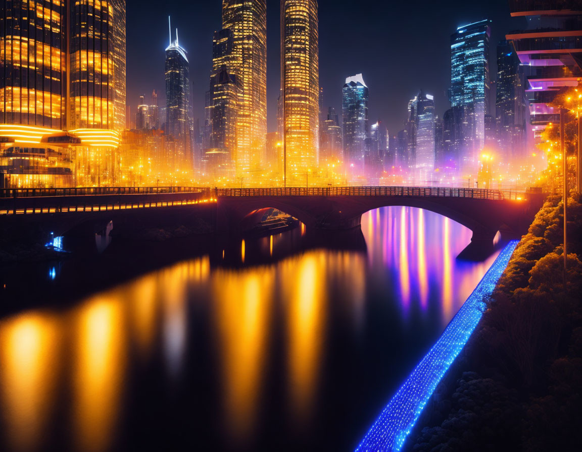Nighttime futuristic cityscape with illuminated skyscrapers, bridge over river, and light trails.