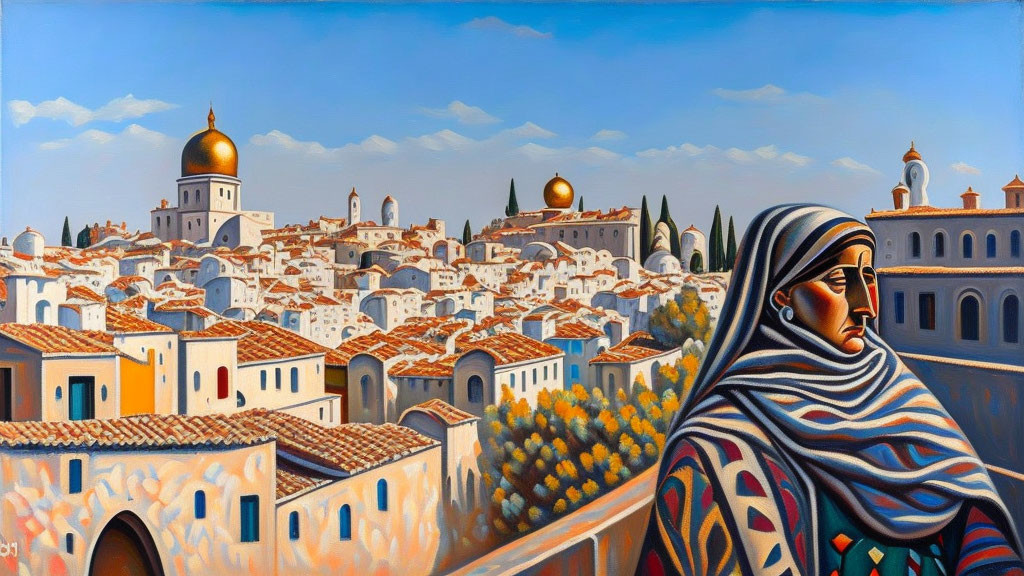 Colorful shawl woman gazes at sunlit cityscape with domed buildings