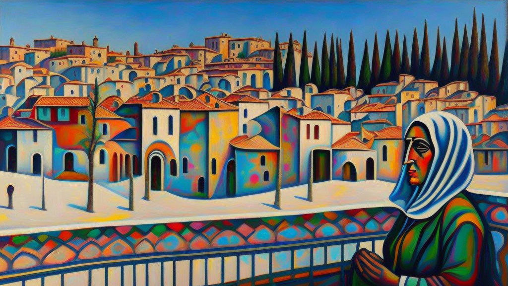 Vibrant painting of woman in headscarf with geometric village backdrop
