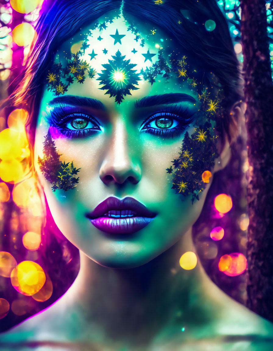 Colorful portrait of a woman with starry makeup and luminous eyes