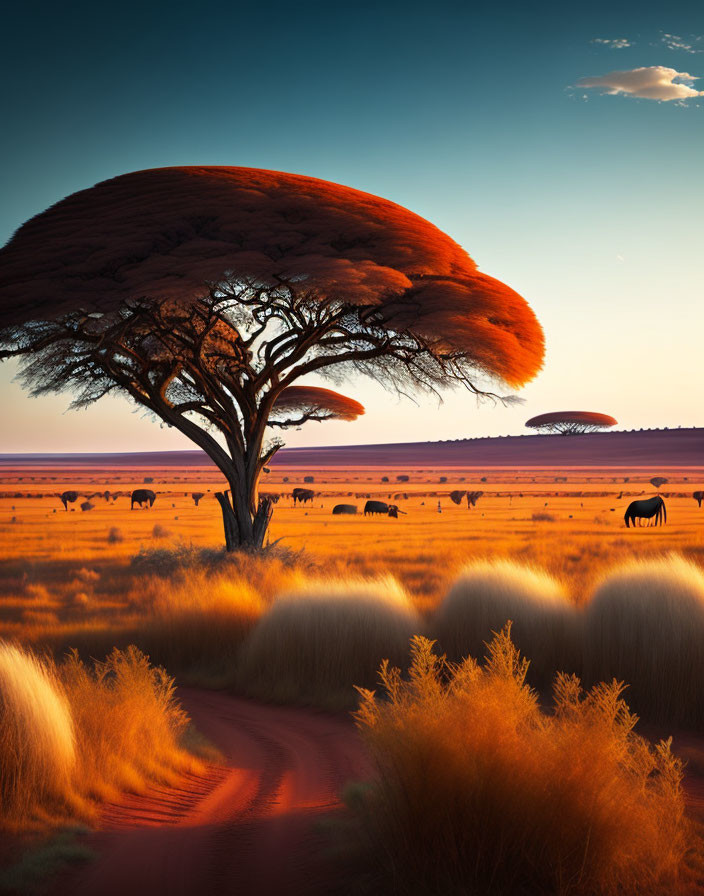 African savanna sunset with lone tree, elephants, and orange sky