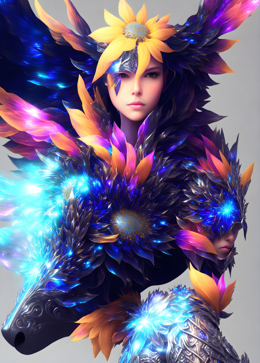 Vibrant digital art portrait of two figures in feathered garments.