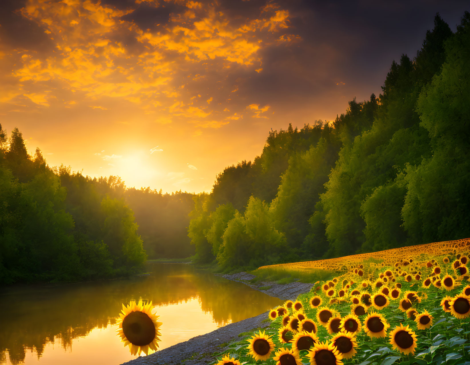 golden sunset with sunflowers