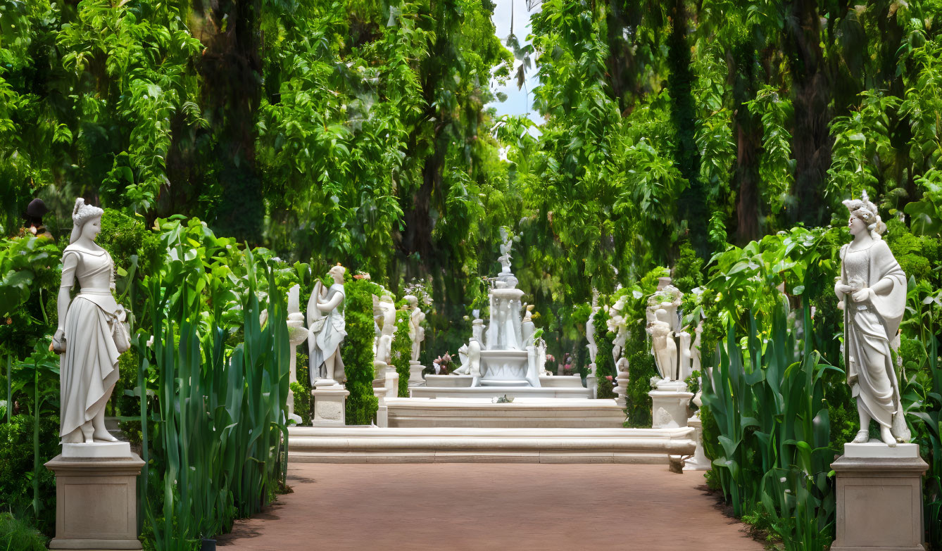 Tranquil garden pathway with classical statues and white fountain