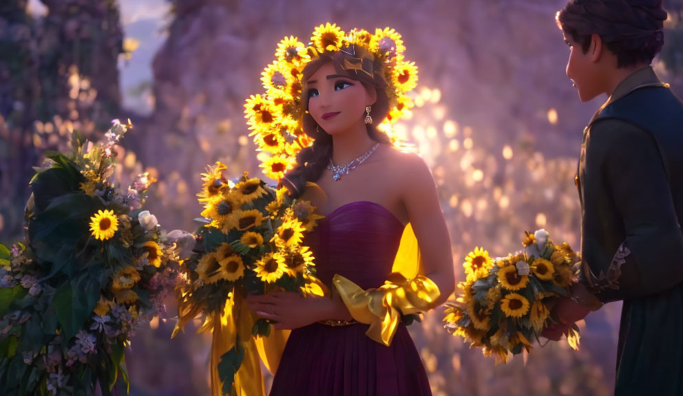 Woman in purple dress and sunflower crown with man holding sunflowers in warmly lit floral setting