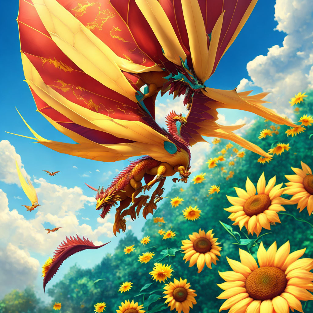 Sunflower Red Dragon flying over the Sunny Forest