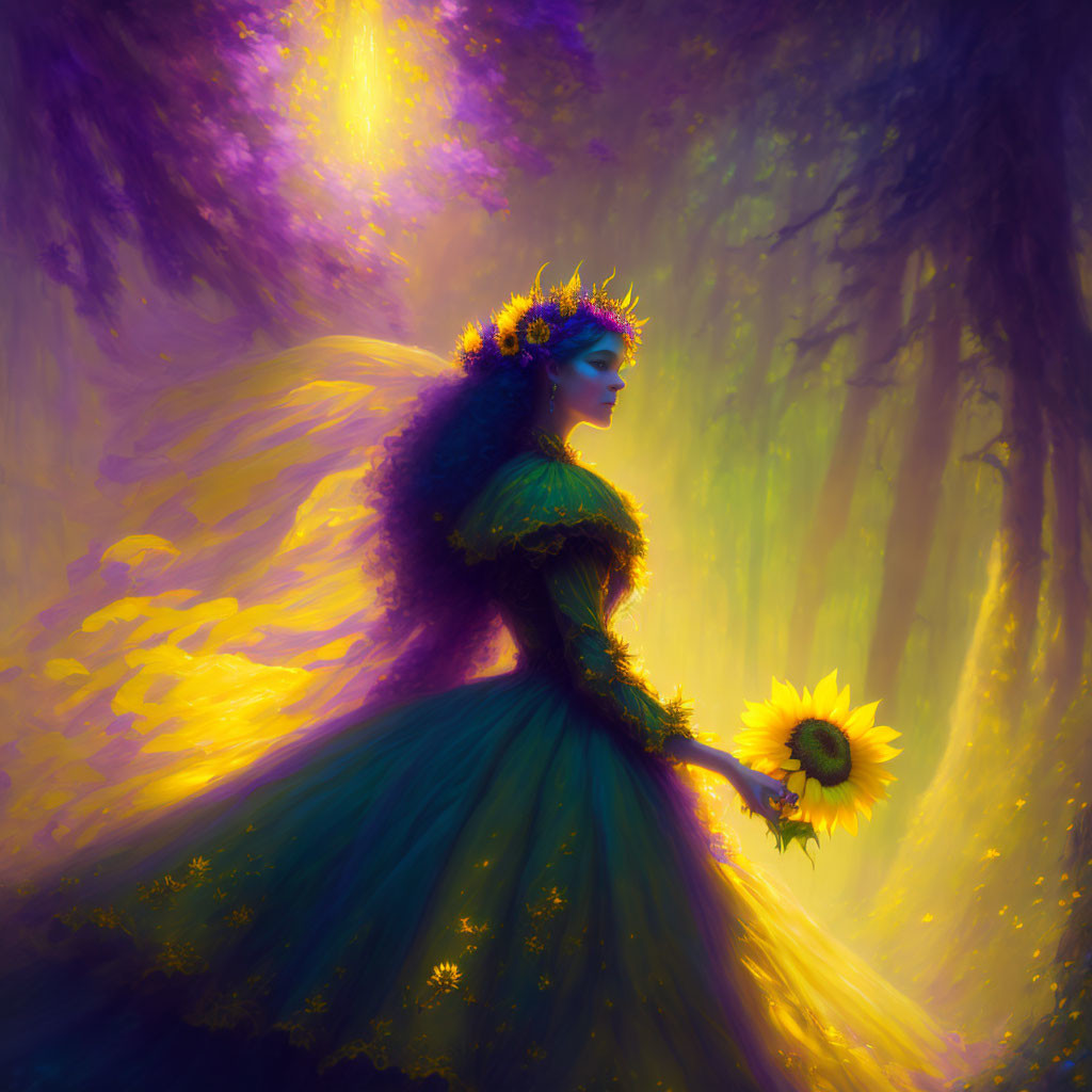 Sunflower lady in the forest