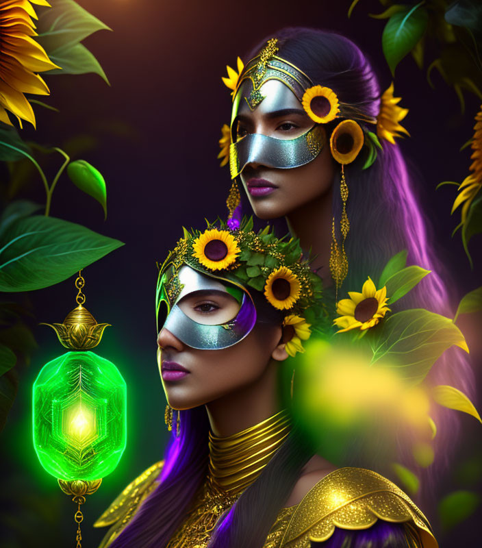 Golden and Sunflower-Themed Attire with Metallic Masks and Green Lantern