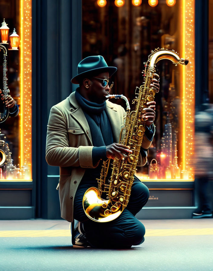 Stylish person playing saxophone on city street at night