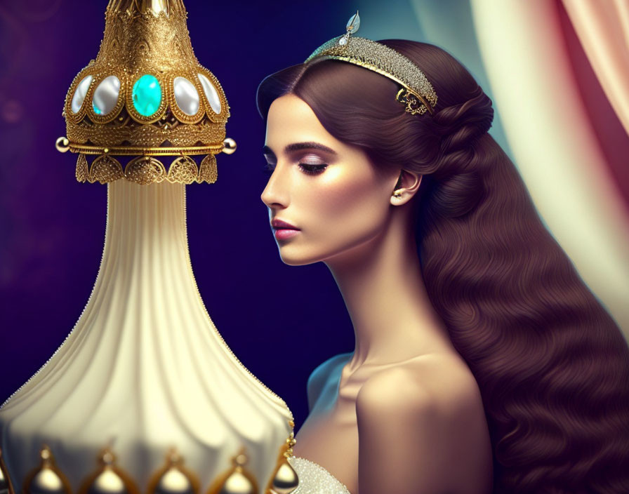 Illustration of woman with long wavy hair wearing tiara in vintage royal style.