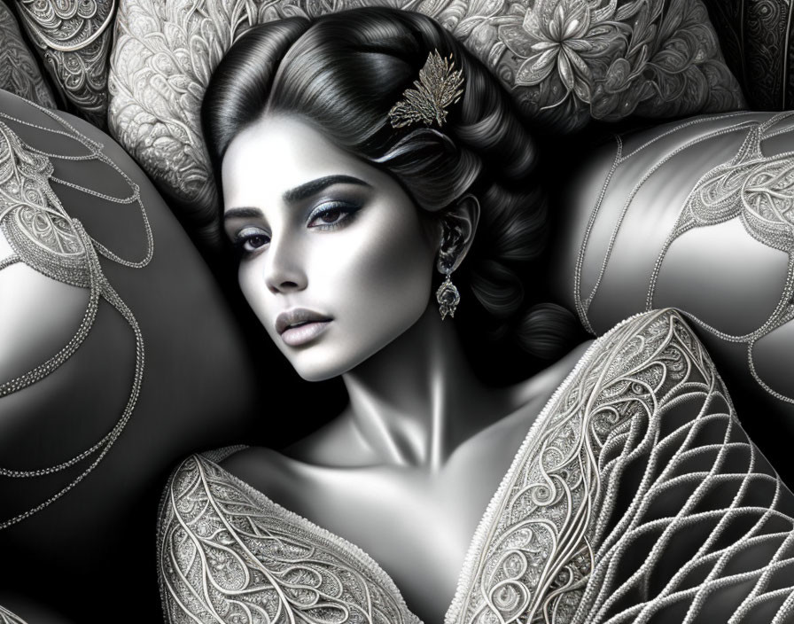 Monochrome portrait of woman with lace patterns, dramatic makeup, and jewelry