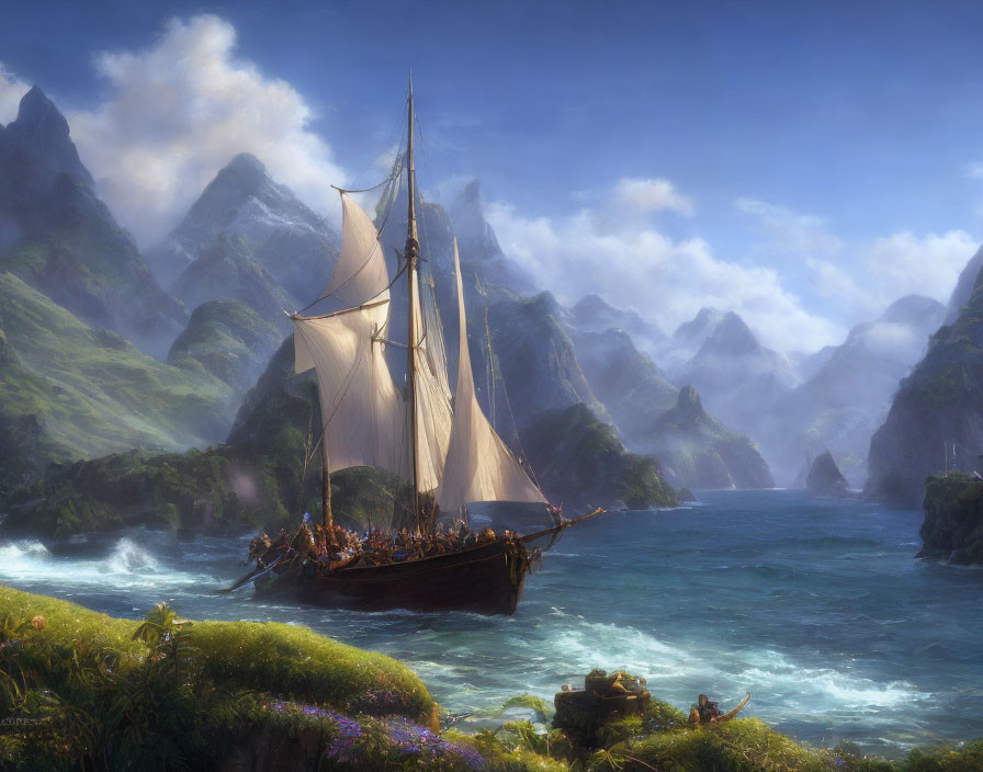 Sailing ship near lush coastline with mountains