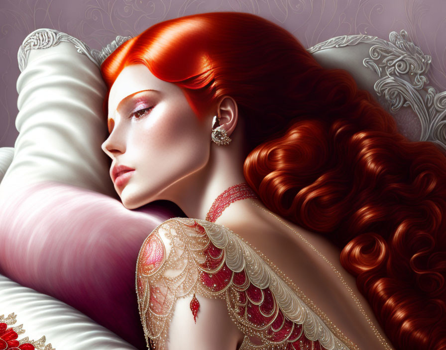 Detailed illustration: Woman with flowing red hair and ornate jewelry on soft purple background