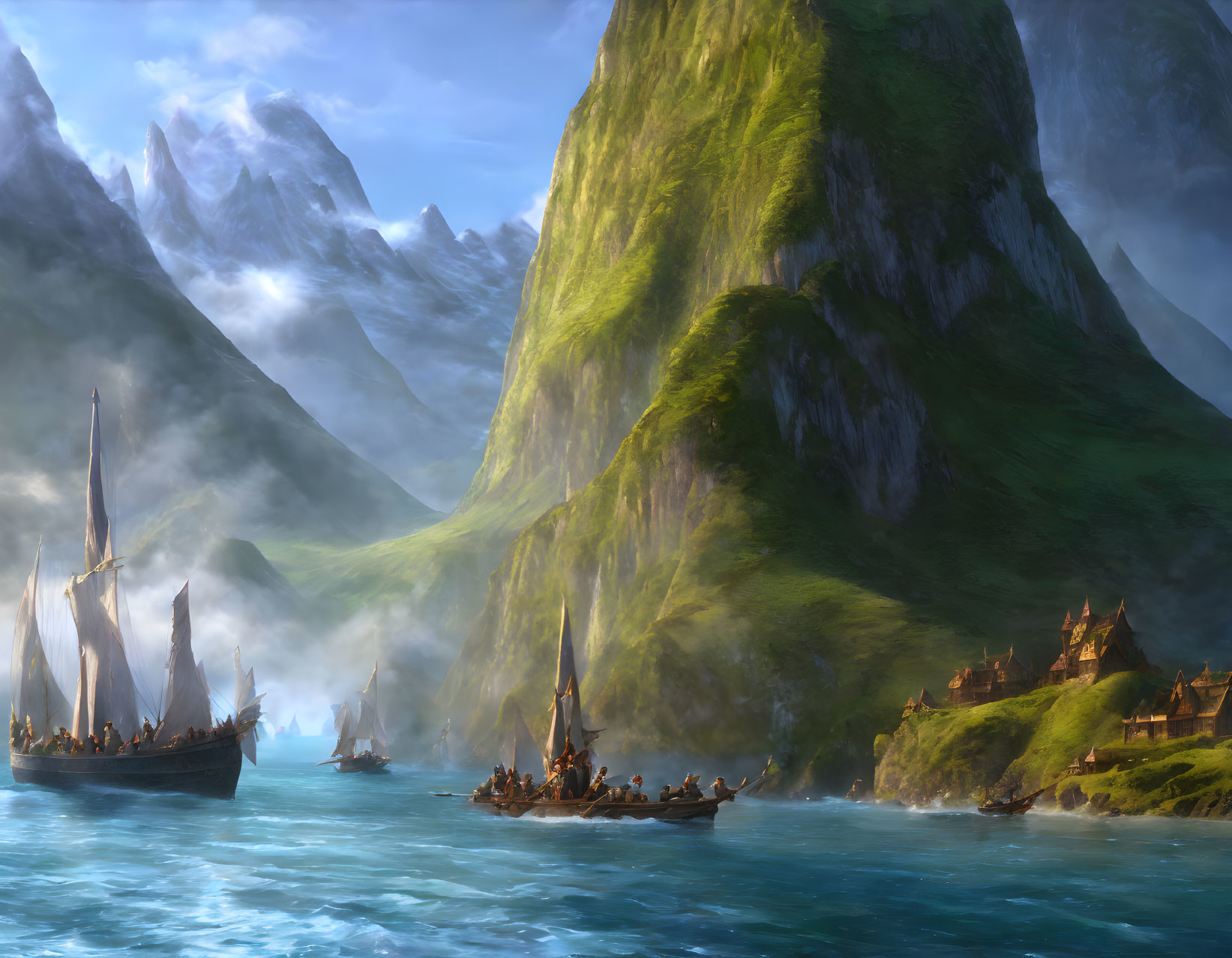 Scenic bay with Viking-like ships, green cliffs, misty mountains, and coastal village.