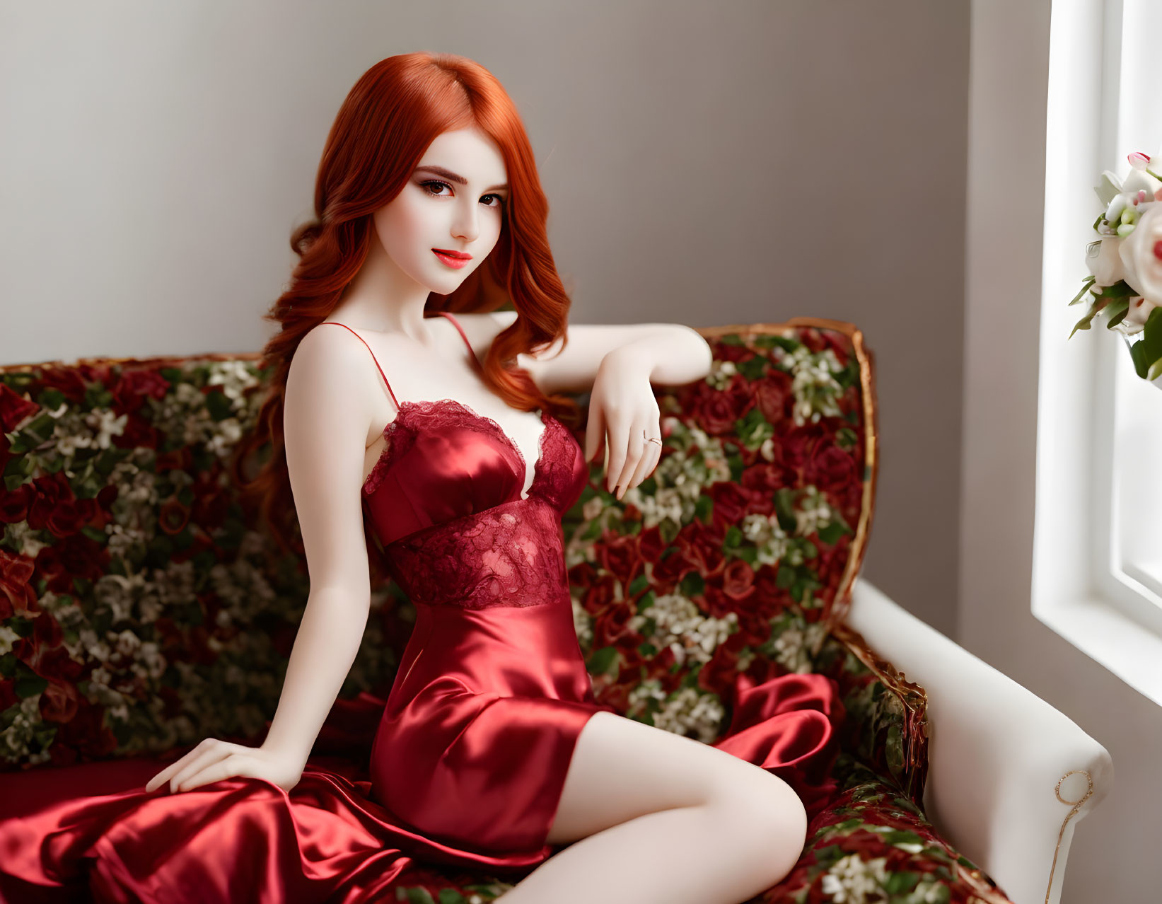 Red-haired animated character in silk dress on floral sofa by window