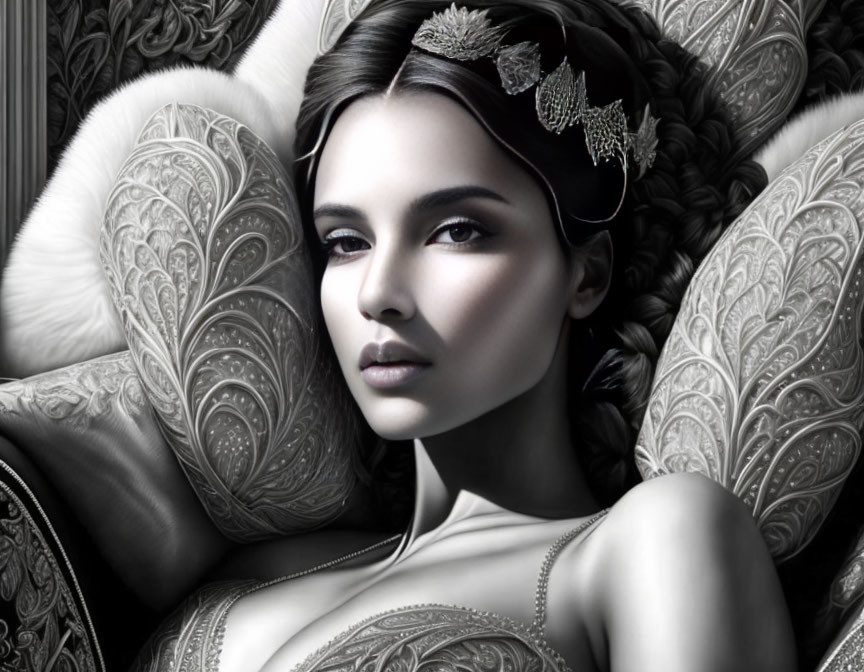 Monochrome digital portrait of woman with headpiece on ornate chair