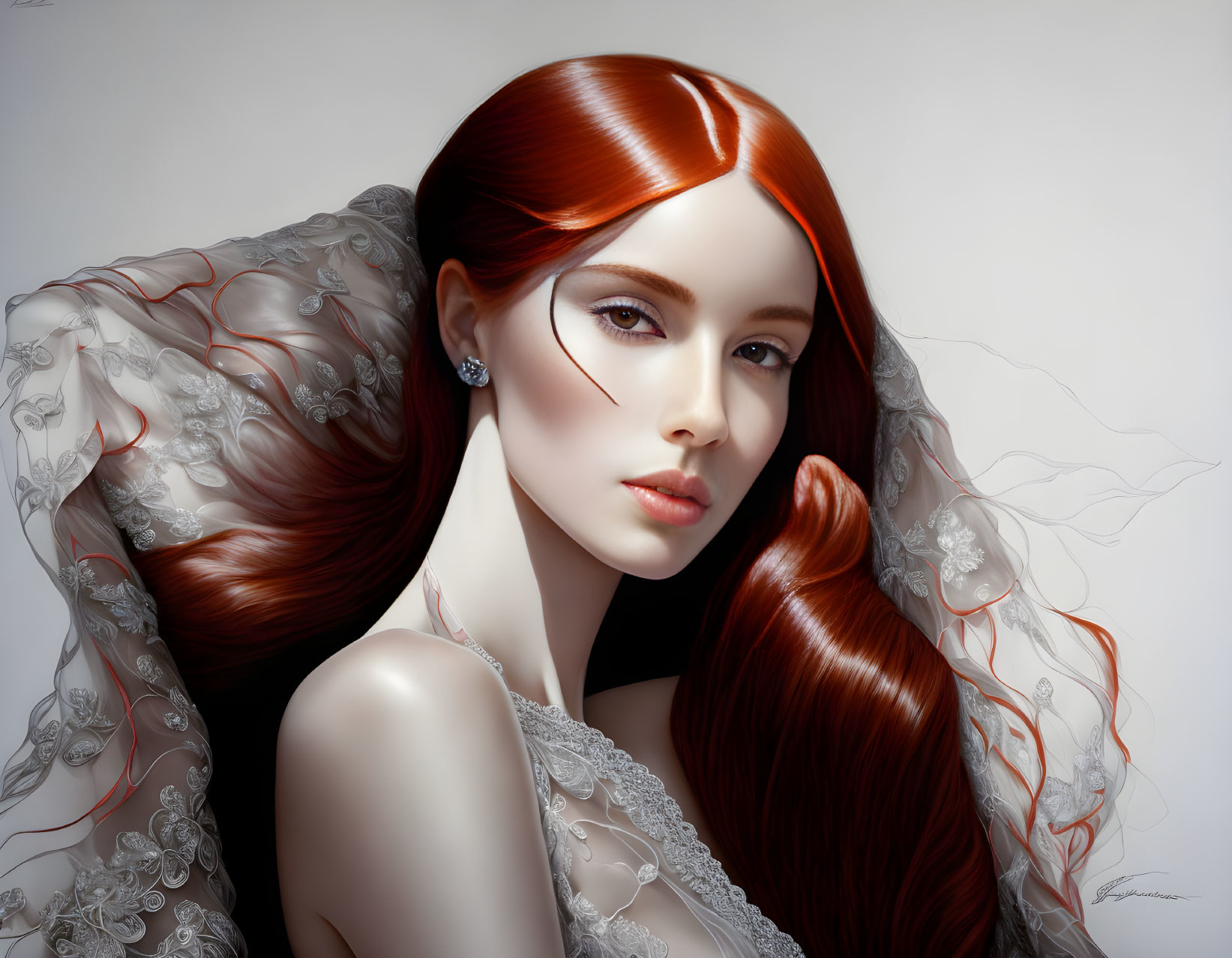 Digital artwork: Woman with red hair and lace shawl
