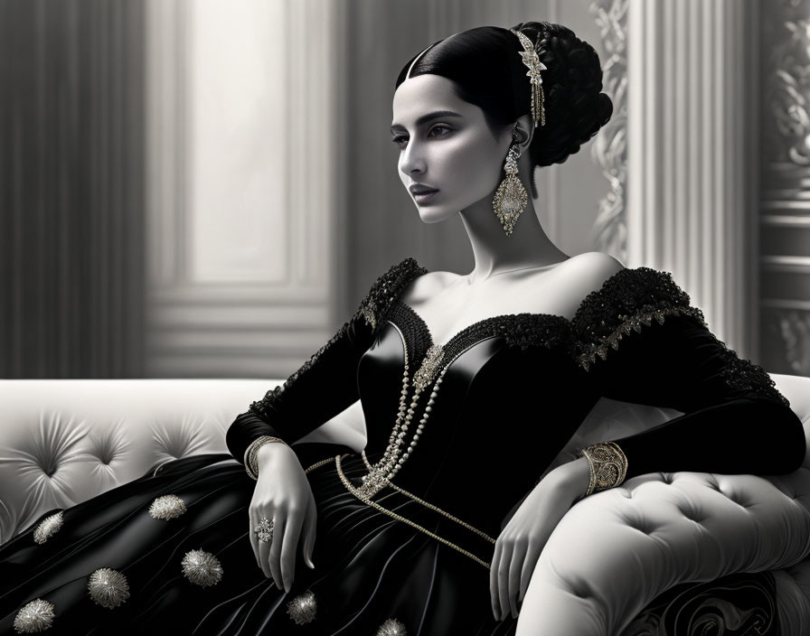 Monochrome image: Woman in elegant gown on luxurious couch