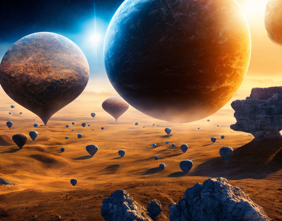 Surreal landscape with floating rocky spheres above desert terrain