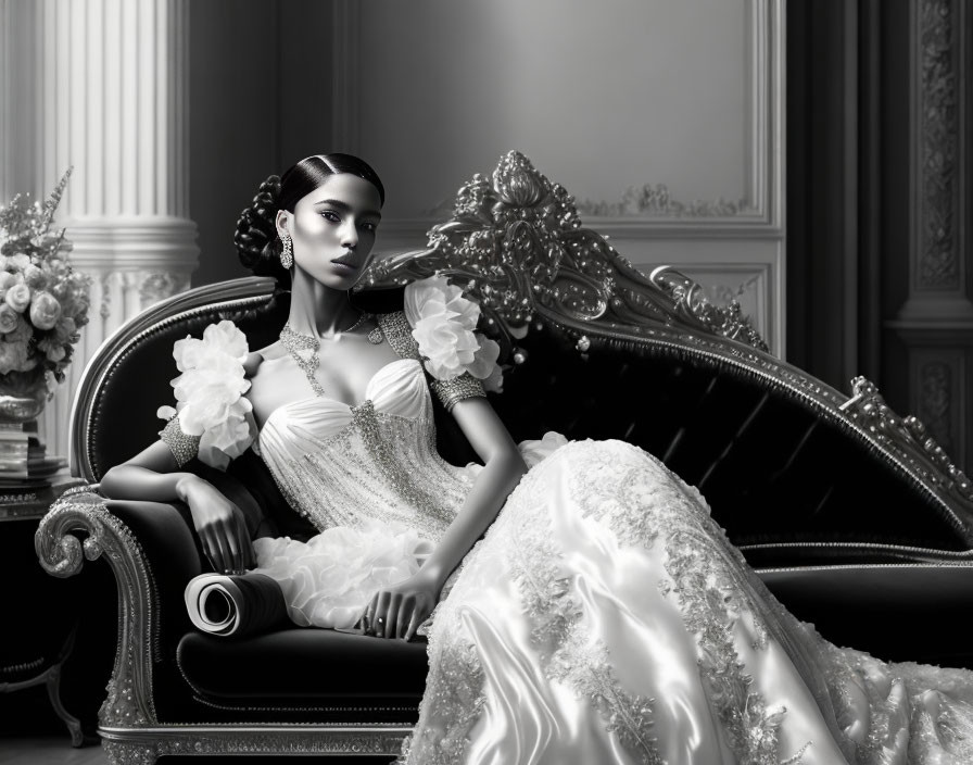 Elegant Woman in Bridal Gown on Vintage Chaise Lounge