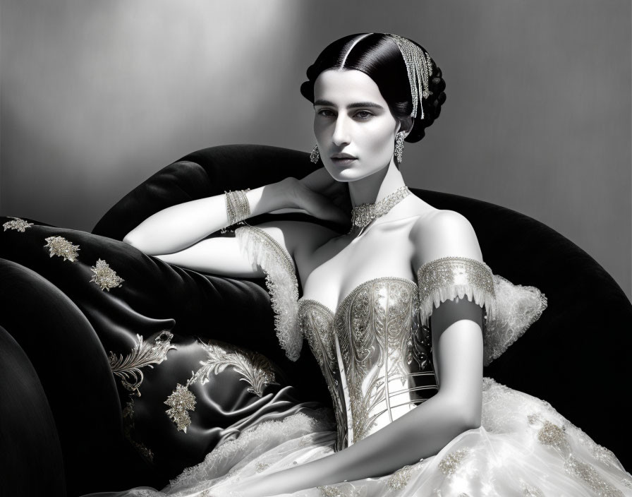 Monochrome image of elegant woman in vintage-style dress on dark couch