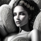 Monochrome digital portrait of woman with headpiece on ornate chair
