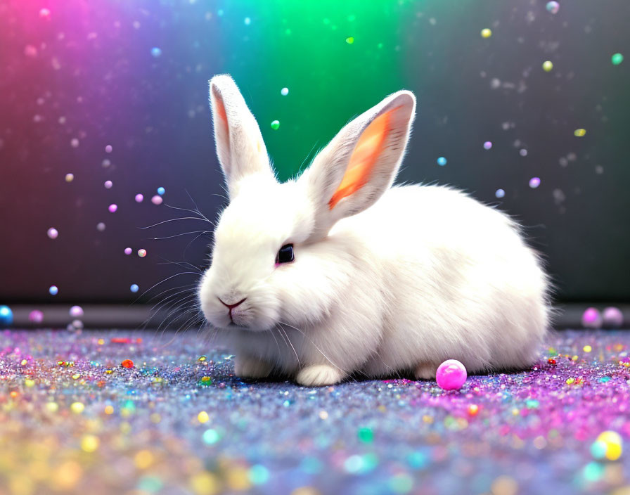 White rabbit with pink ears on multicolored glitter surface under soft bokeh light