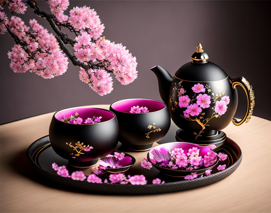Black and Gold Cherry Blossom Tea Set on Wooden Surface