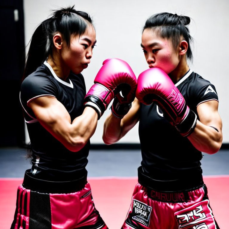 Two women in sportswear and pink boxing gloves in gym face-off