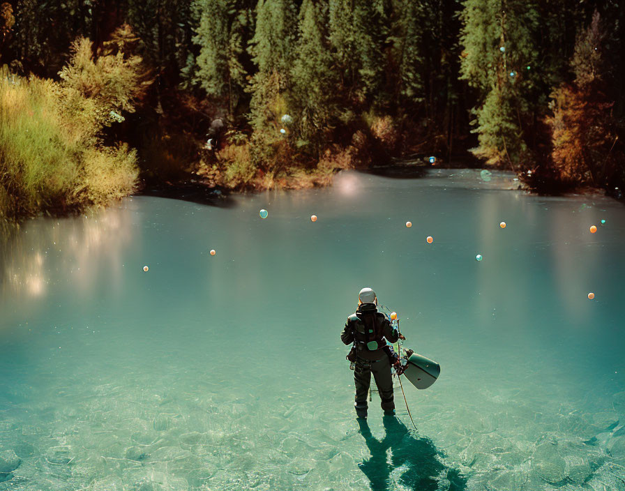 Diver in gear by serene lake with lush green foliage