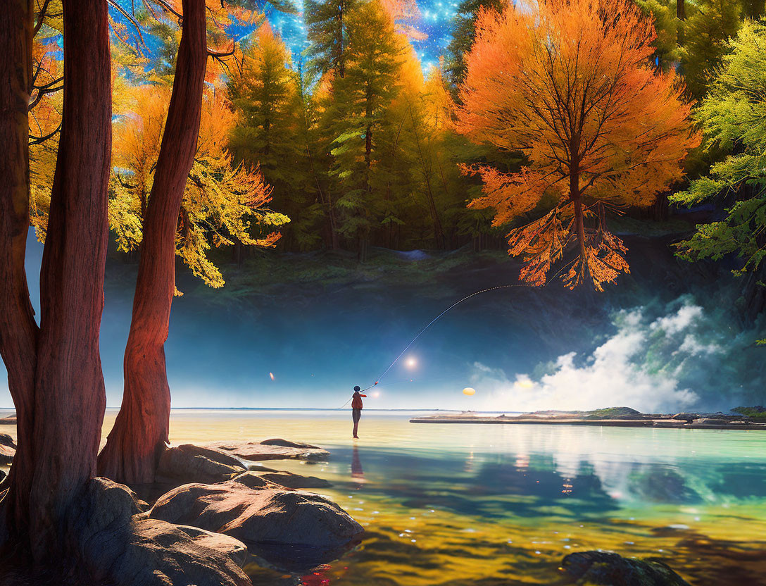 Tranquil autumn fishing scene by misty lake