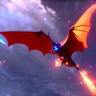 Red-Winged Dragon Flying Over Castle in Purple Sky