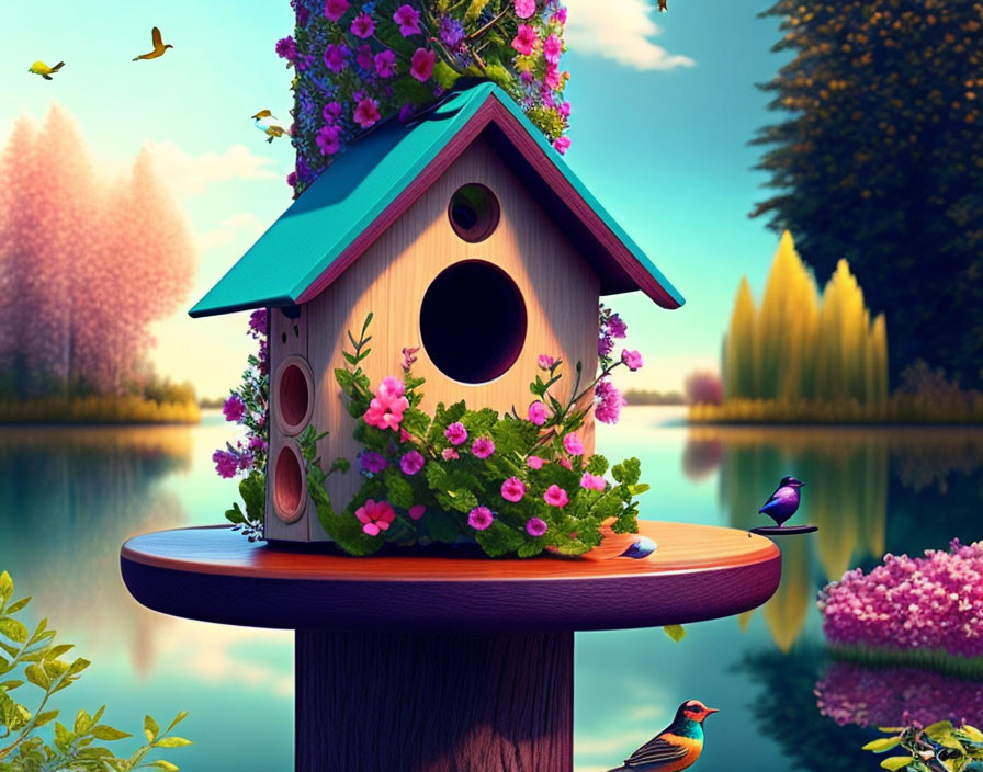 Colorful scene with ornate birdhouse, flowers, birds, lake, and lush trees