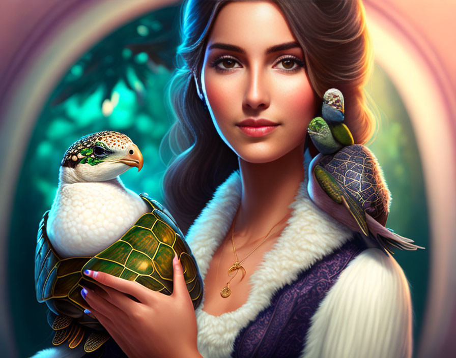 Serene woman with turtle and parrot in magical setting