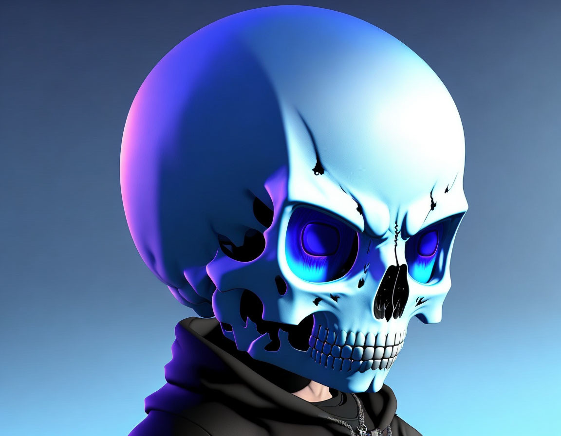 Stylized blue skull figure in black hoodie on blue background