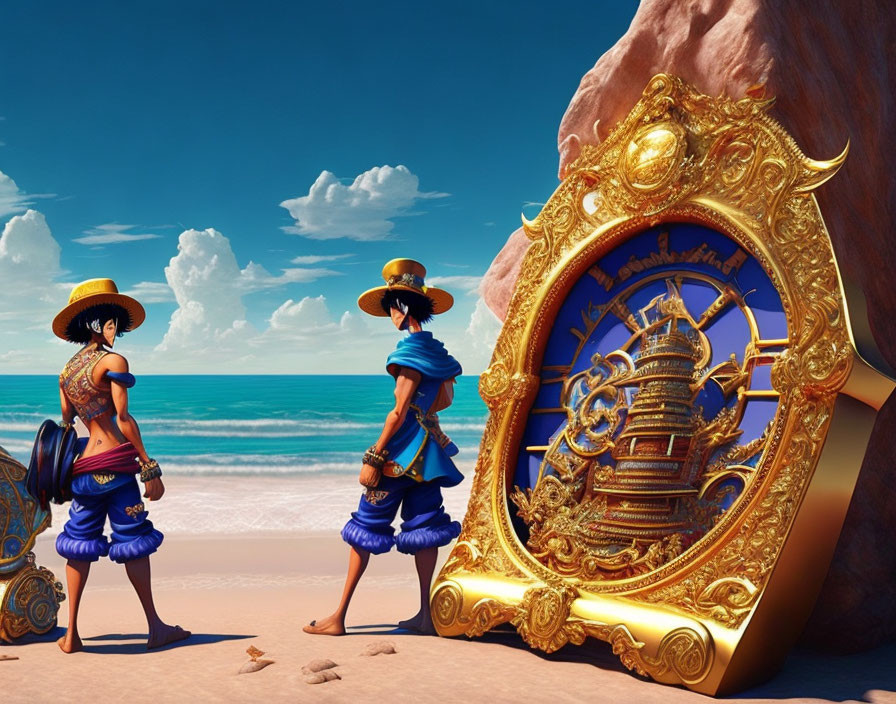 Animated characters in pirate attire with golden mirror on sandy beach