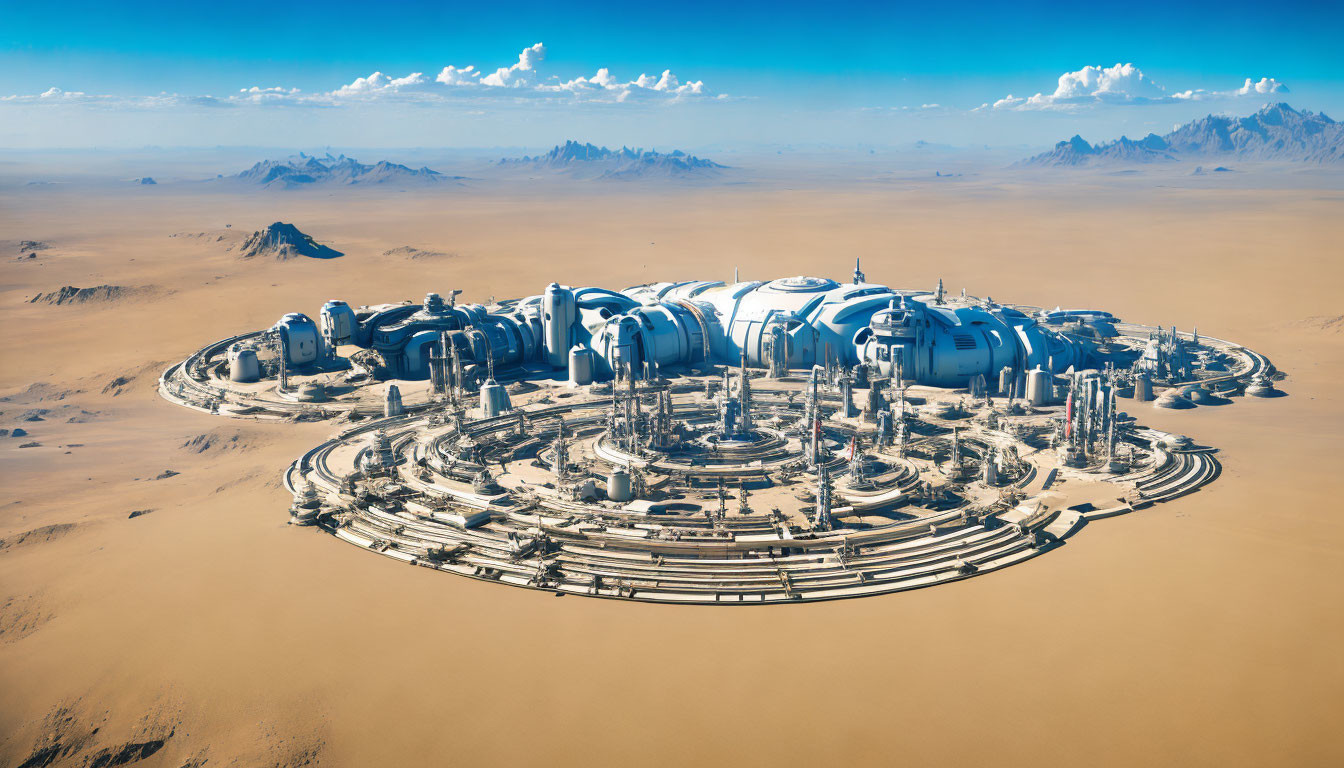 Futuristic cityscape with dome-like structures in desert landscape