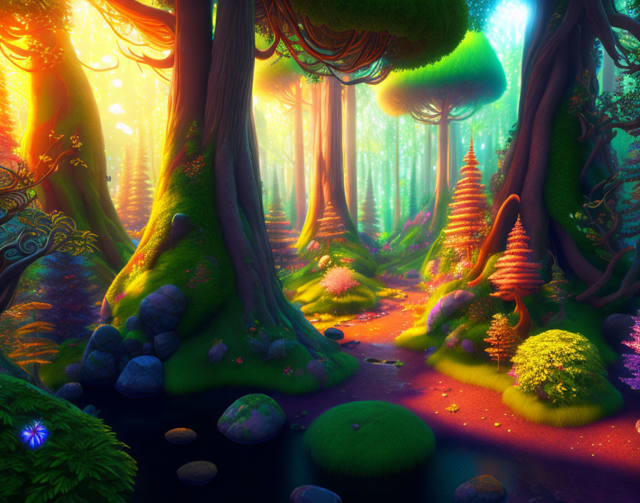 Enchanting forest with colorful flora and glowing lights
