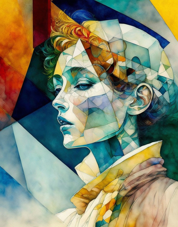 Colorful Cubist Portrait of Woman with Geometric Shapes