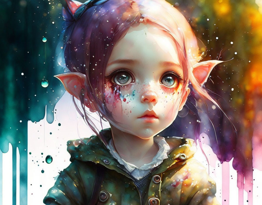 Young girl with elf ears and freckles in colorful illustration