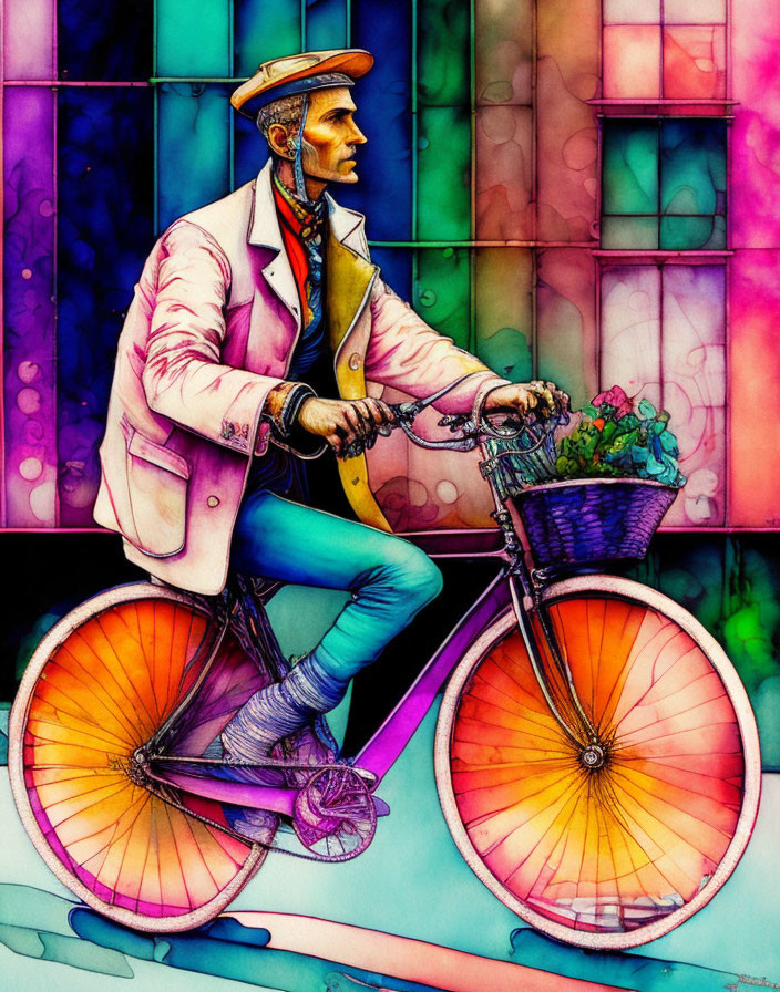 Man in Pink Jacket Riding Bicycle Against Stained-Glass Background