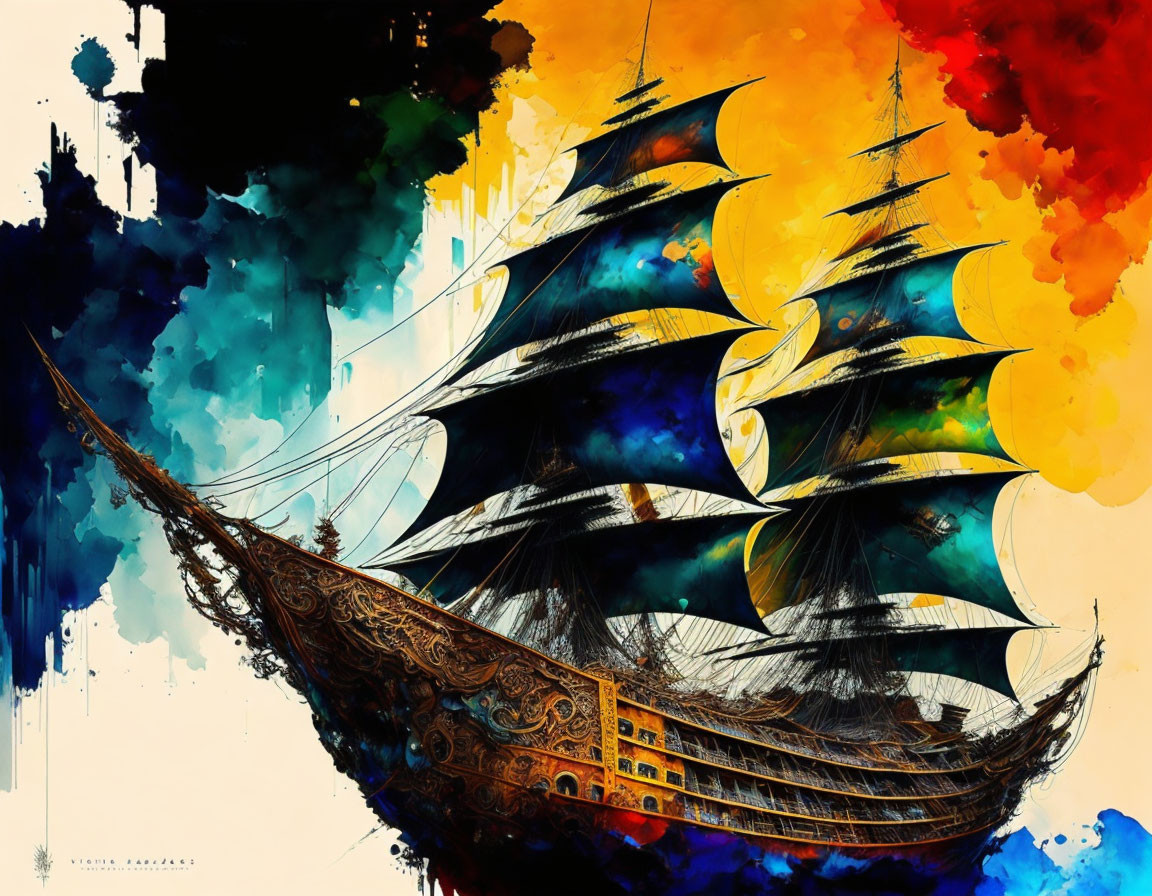 Old sailing ship with dark sails on vibrant ink splashes background