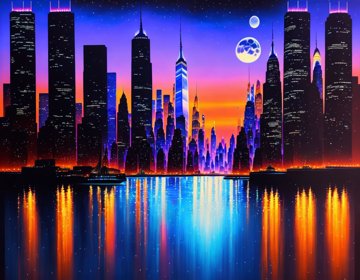 Vibrant city skyline illustration at night with reflections, lit buildings, and moon