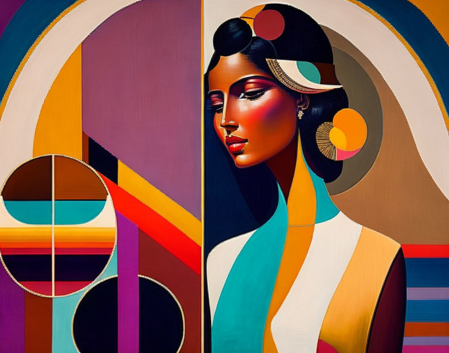 Stylized Art Deco portrait of a woman with bold colors